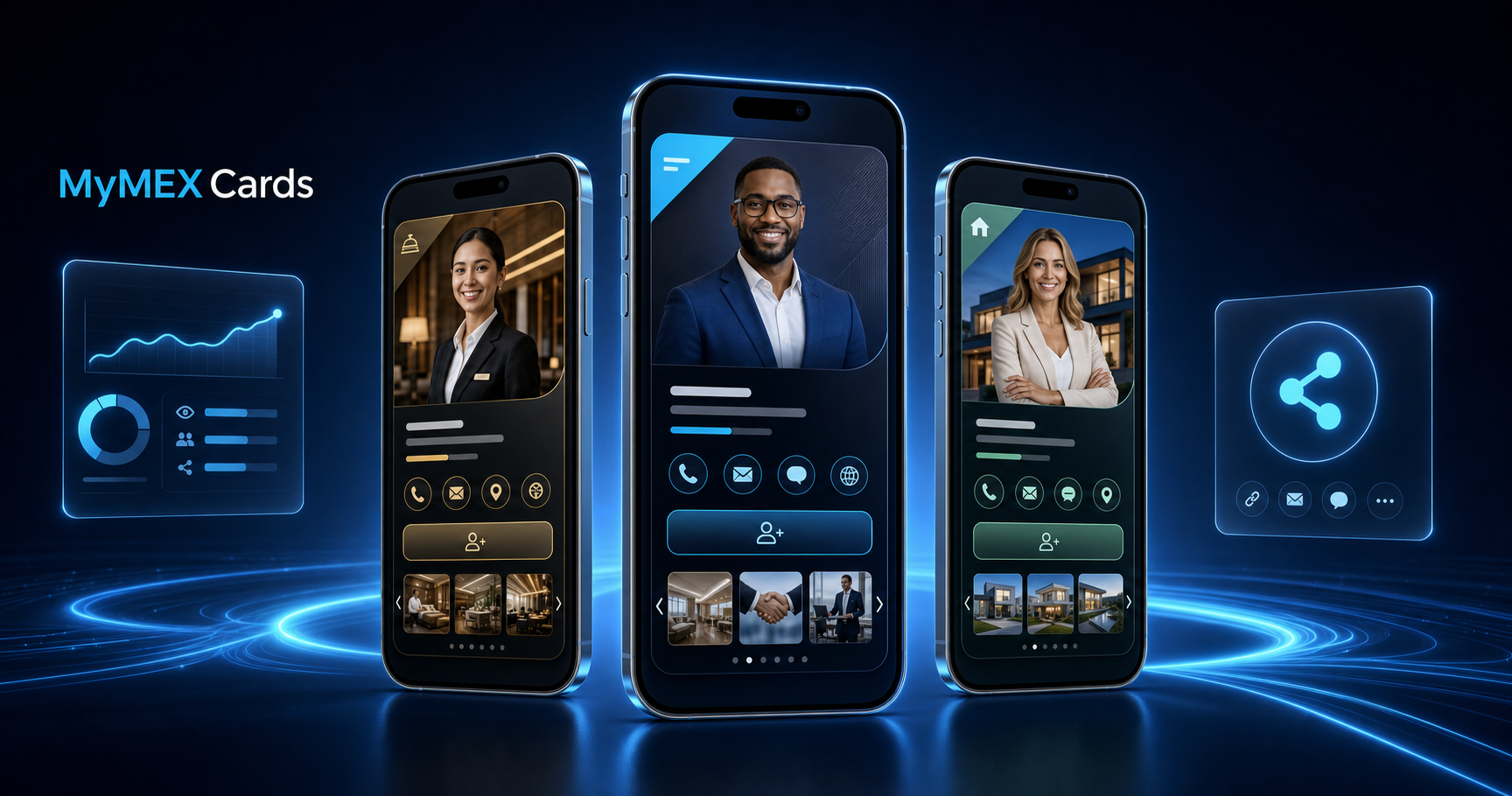 Three fictional MyMEX Cards for hospitality, property and professional services with connected analytics and sharing tools