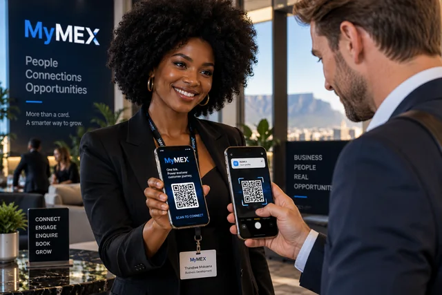 A MyMEX representative sharing a digital business profile by QR code at a business event