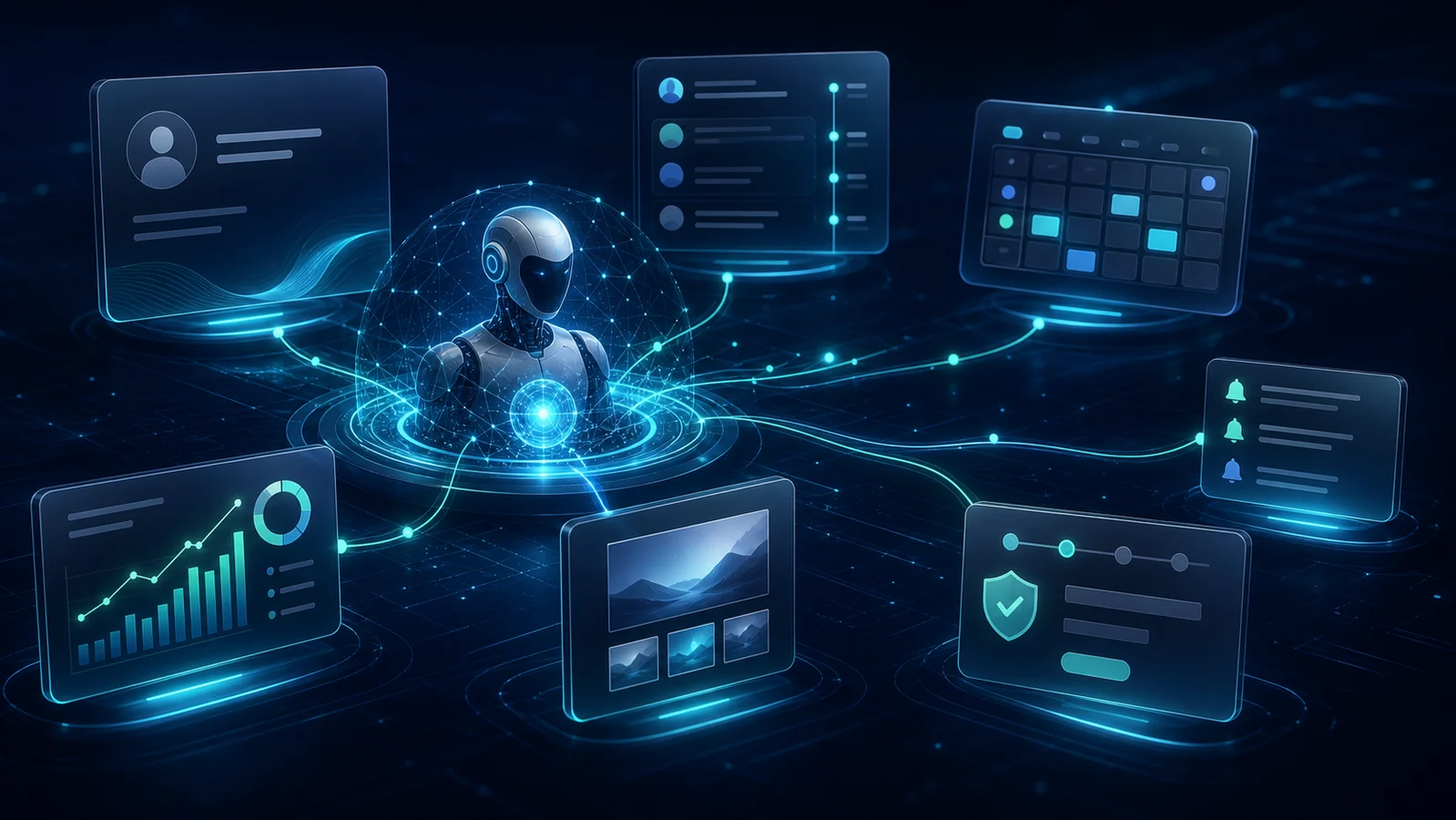 Illustration of Jarvis connecting digital cards, CRM, bookings, analytics, content and secure onboarding