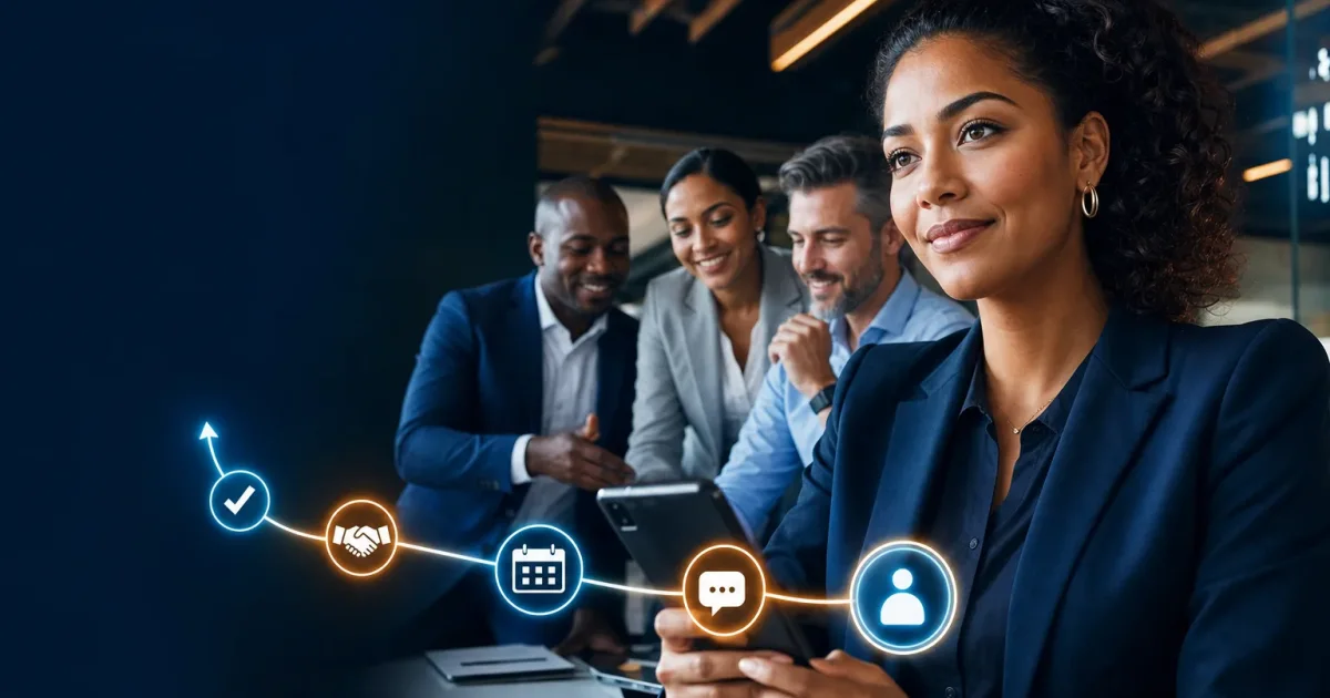 A globally diverse business team follows a clear digital path from a new customer contact to an organised next action.