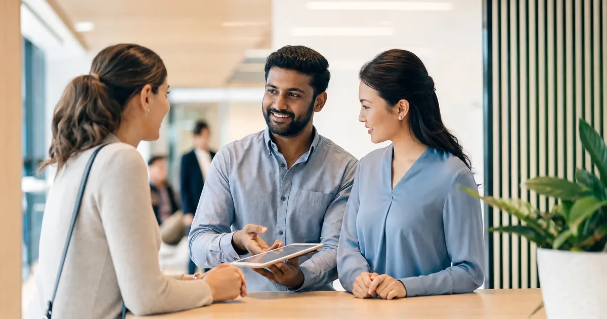 Business colleagues coordinating a customer handoff while welcoming a client