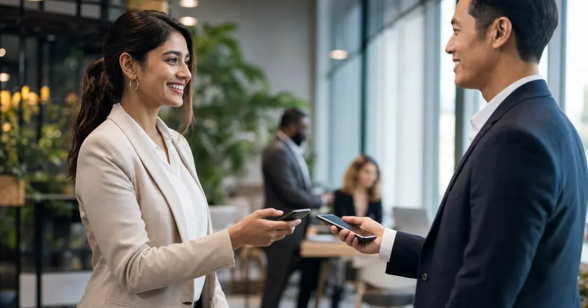 Business professional and prospective customer sharing contact details during a first meeting.