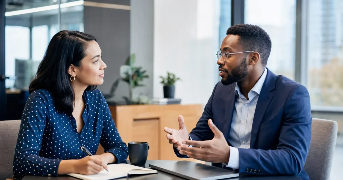 Two business professionals having a focused discovery meeting across a table.
