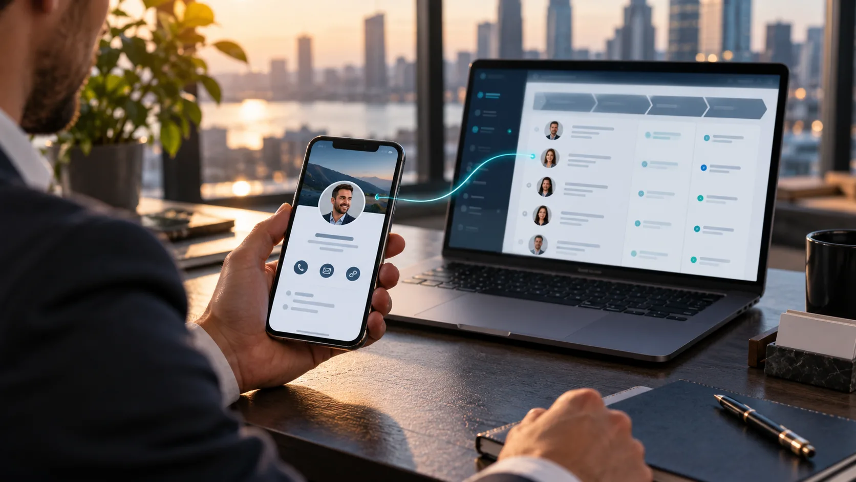 Digital professional profile on a phone beside a laptop with organised customer enquiry records.