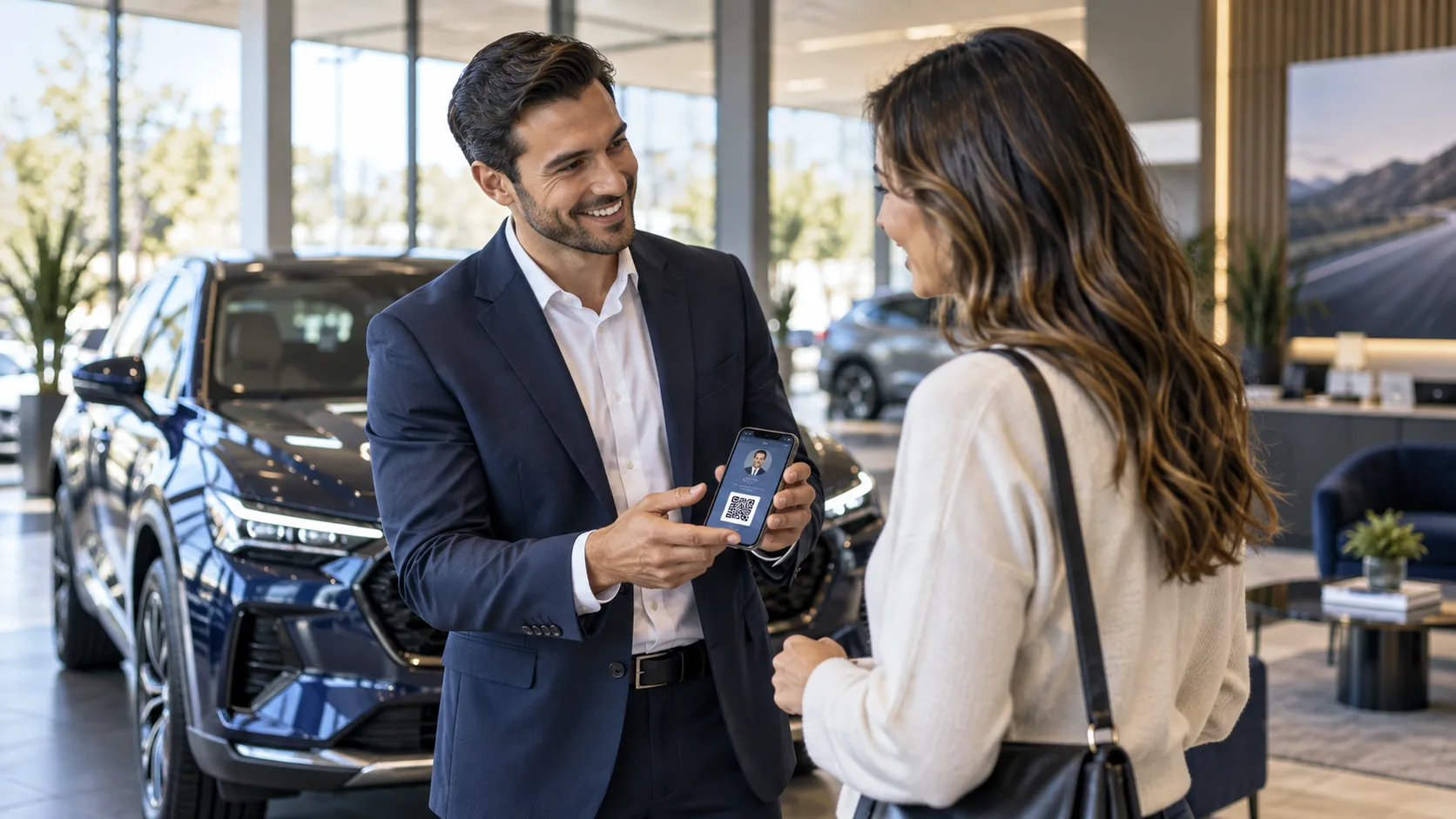 Dealership sales advisor and customer discussing a digital contact profile beside an unbranded showroom vehicle.