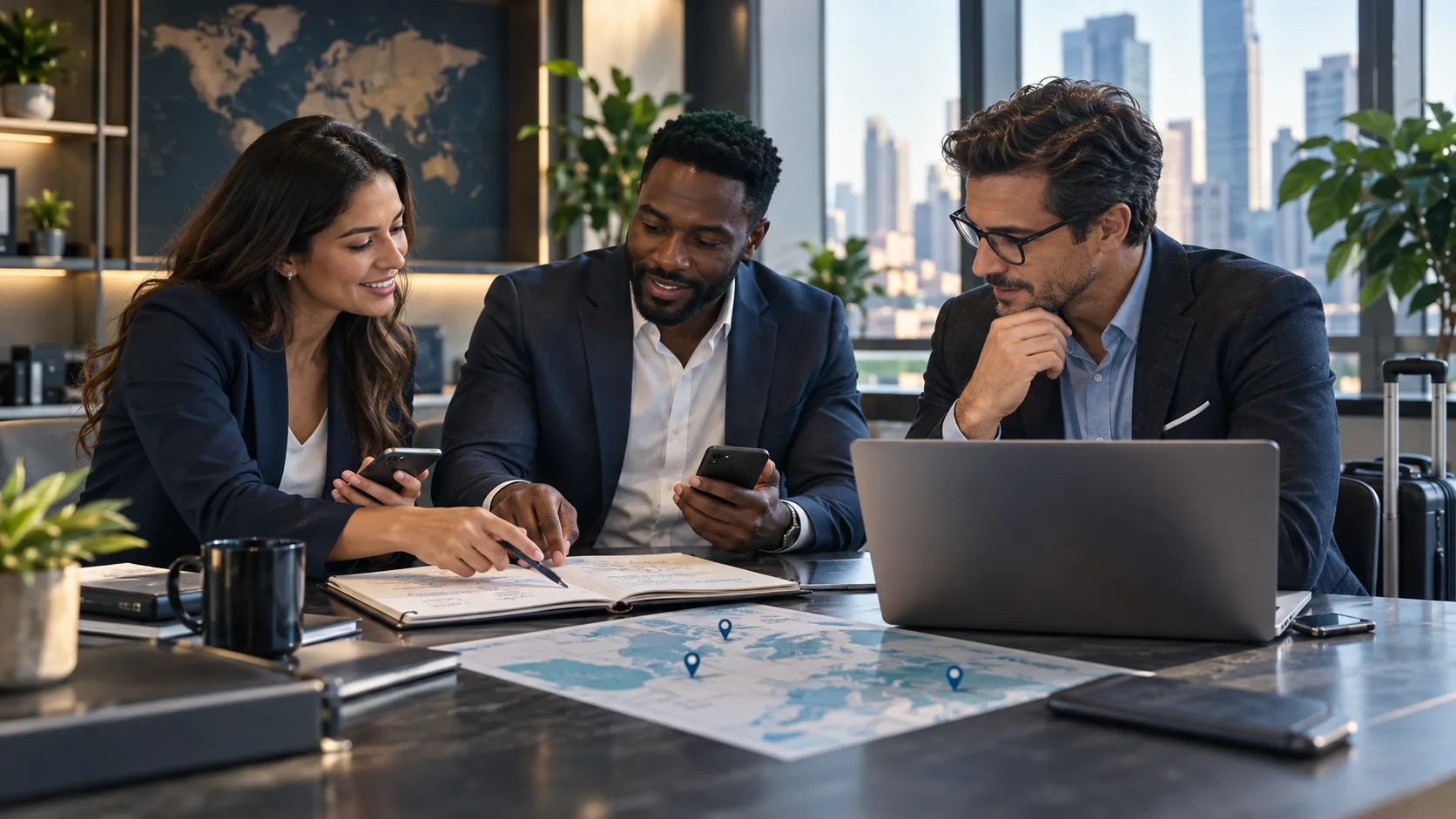 Three sales colleagues planning customer follow-up with digital profiles and a laptop in a modern workspace.