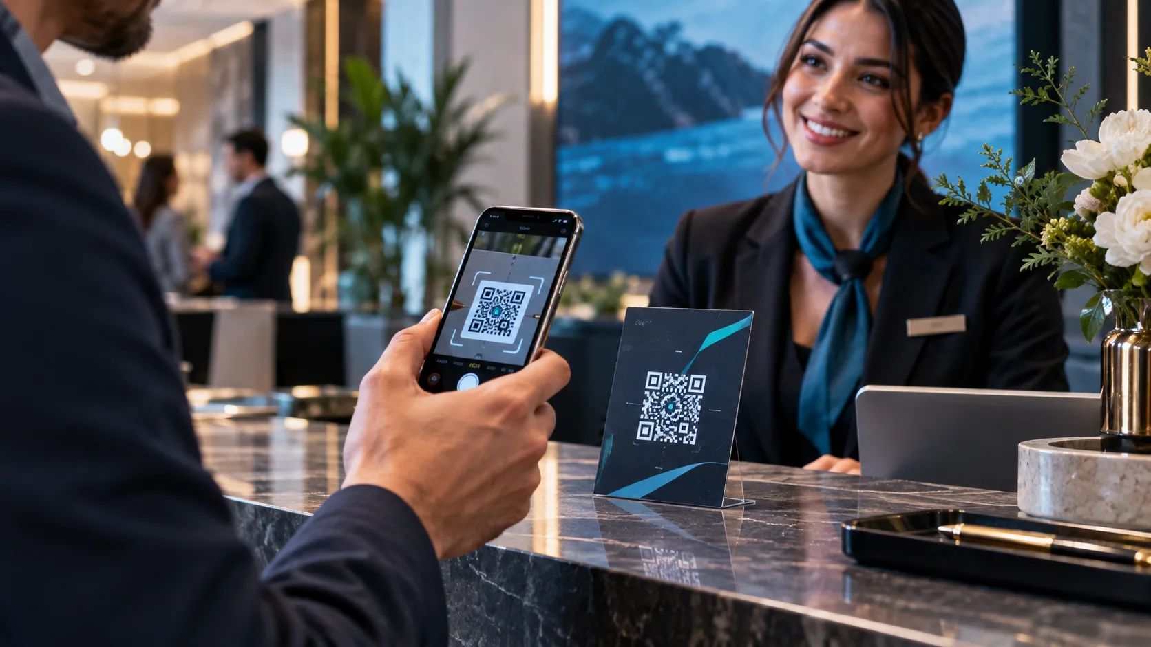 Customer scanning an illustrative QR display at a reception counter while a team member assists.