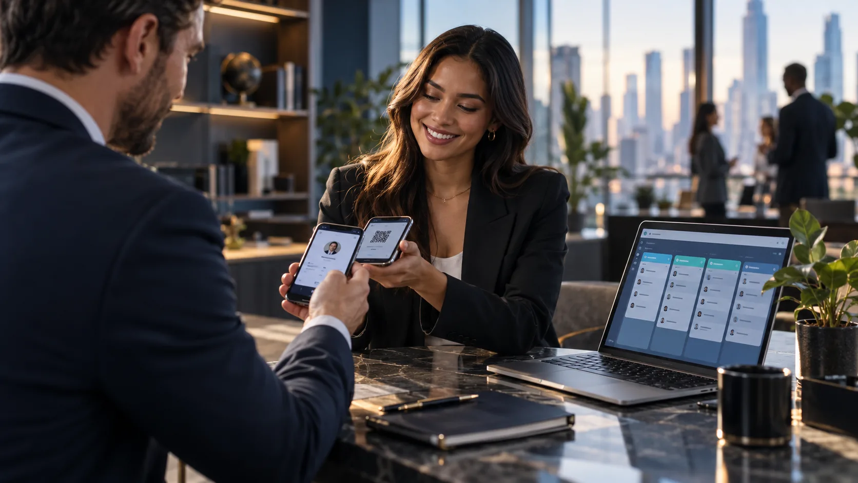 Two professionals sharing a digital contact profile beside a laptop showing customer enquiry follow-up.